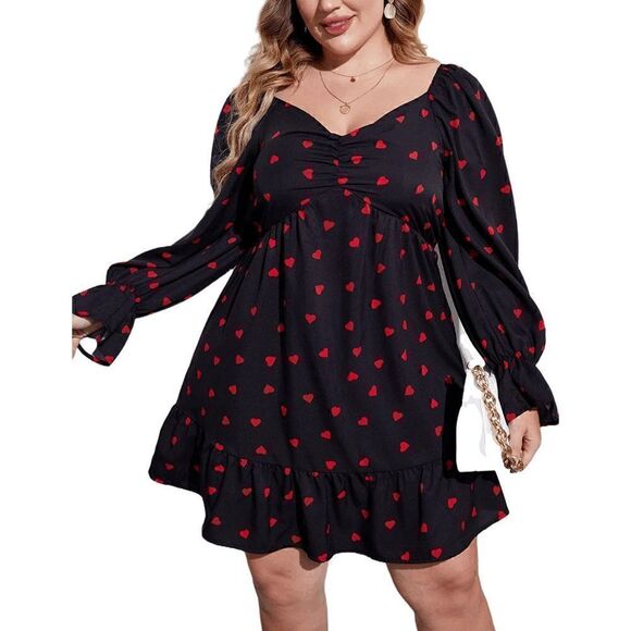 ❤ Plus Size Valentine’s Day Sweetheart Long Sleeve Heart Print Black Dress NWT - Picture 2 of 16